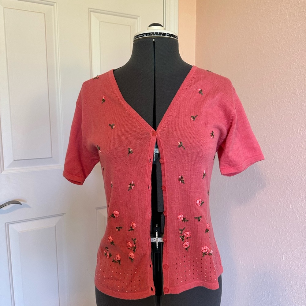 Vtg Y2K 90s Cardigan Floral Roses Embroidered Cotton Cottagecore Women's 6 M